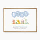 Personalised dinosaur birth print with five colourful dinosaurs, blue name balloons and custom baby birth details