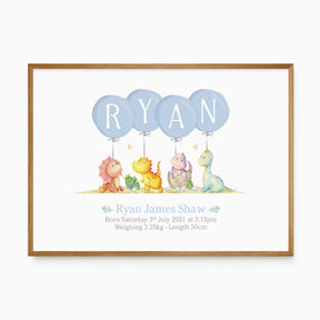 Personalised dinosaur birth print with five colourful dinosaurs, blue name balloons and custom baby birth details