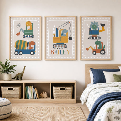 Three dinosaur construction prints, featuring diggers, a cement mixer and a personalised crane.