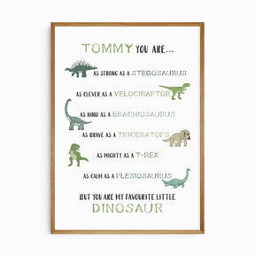 Custom dinosaur wall art with child’s name, six illustrated dinos including T-Rex and Triceratops.