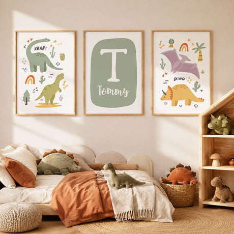 Personalised dinosaur wall art set of 3 prints for a boys nursery or bedroom