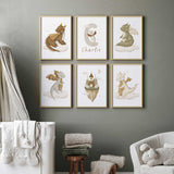 Six coordinating nursery prints with friendly dragons, a floating castle and a personalised name and initial design