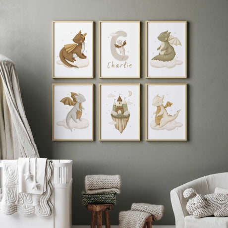 Six coordinating nursery prints with friendly dragons, a floating castle and a personalised name and initial design