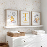 Personalised duck and moon wall art set of 3 prints for baby nursery or kids bedroom décor.