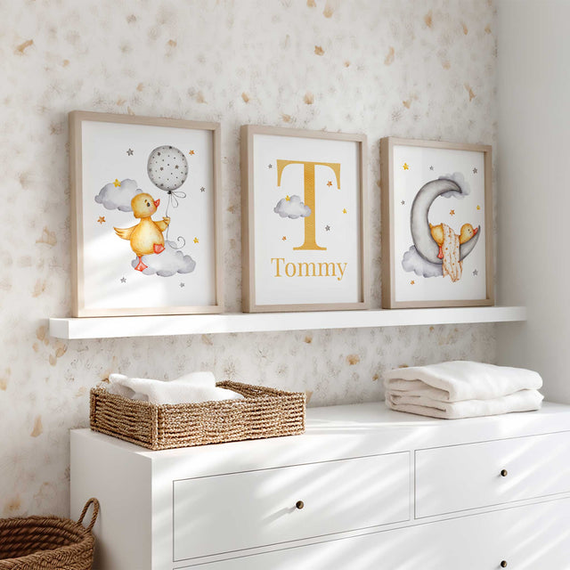 Personalised duck and moon wall art set of 3 prints for baby nursery or kids bedroom décor.