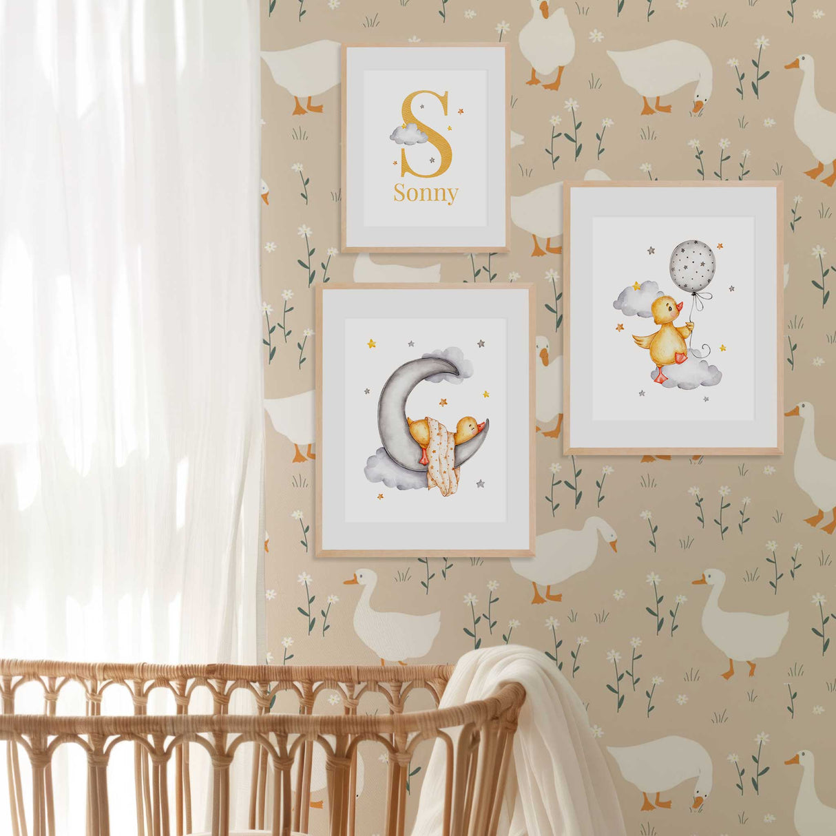 Personalised duck nursery wall art set with custom initial print, moon illustration and balloon duck design for baby room decor.