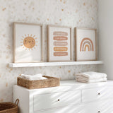 Personalised kids print set with positive I am statements, a smiling golden sun and a terracotta rainbow with dots.