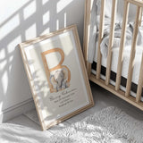 Personalised elephant birth print with a large initial, baby’s name, birth date, time and weight on a neutral background