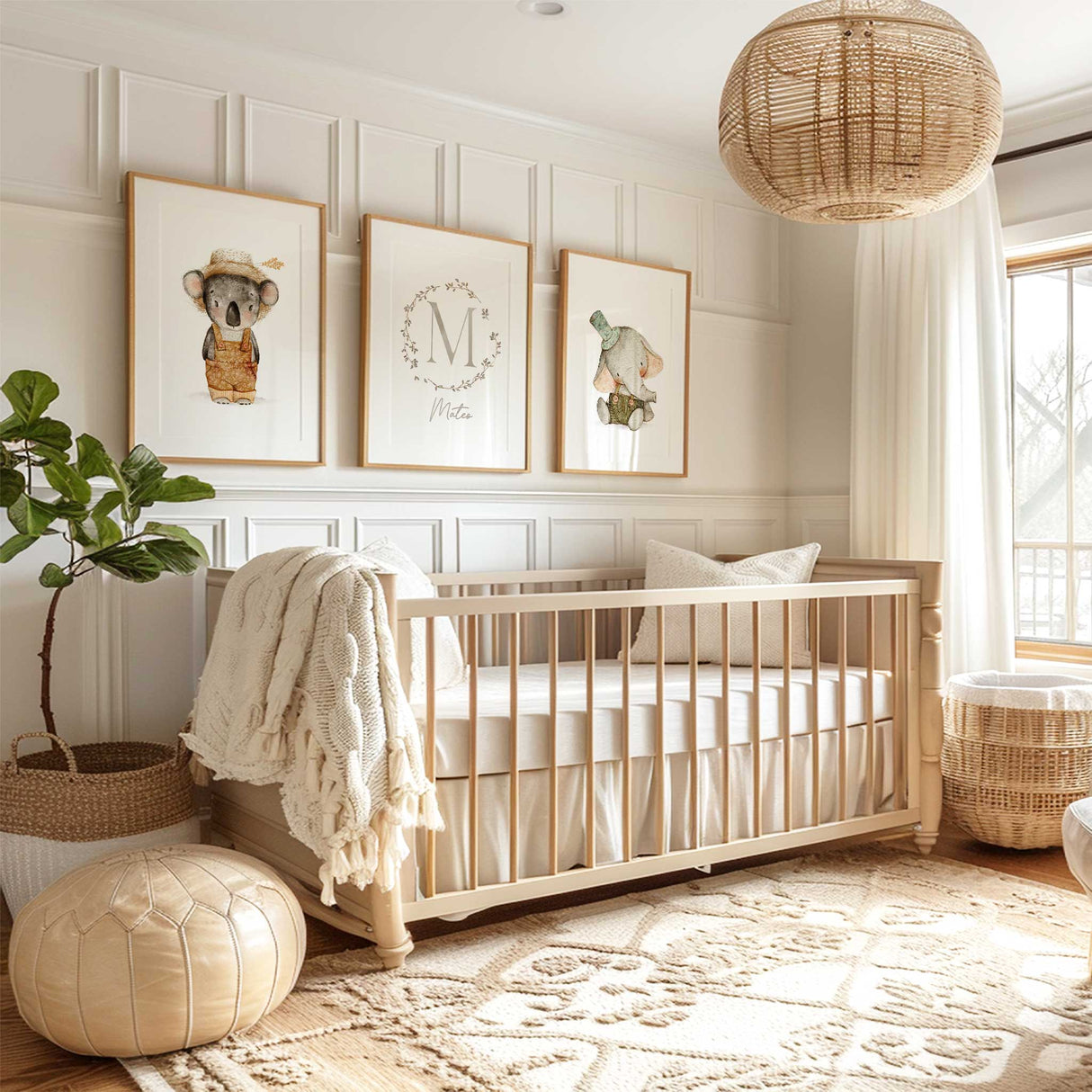 Elephant and koala nursery print set of 3 with personalised initial and name