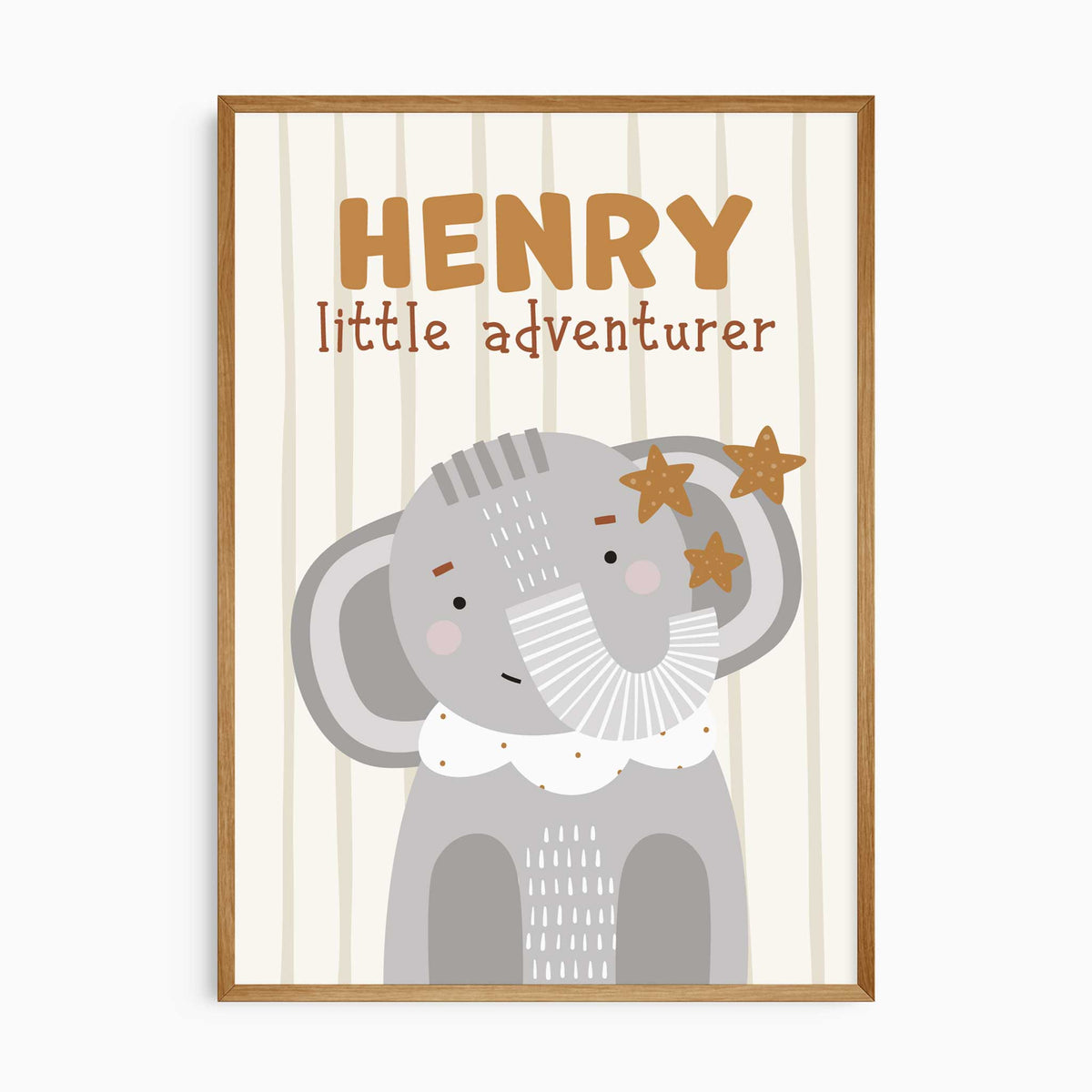 Personalised elephant safari wall art with warm ochre name lettering, little adventurer wording and star details.