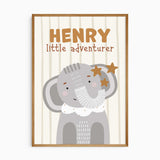 Personalised elephant safari wall art with warm ochre name lettering, little adventurer wording and star details.
