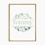 Personalised eucalyptus wreath name print with soft green leaves for nursery wall art