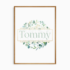 Personalised eucalyptus wreath name print with soft green leaves for nursery wall art