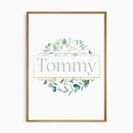 Personalised eucalyptus wreath name print with soft green leaves for nursery wall art