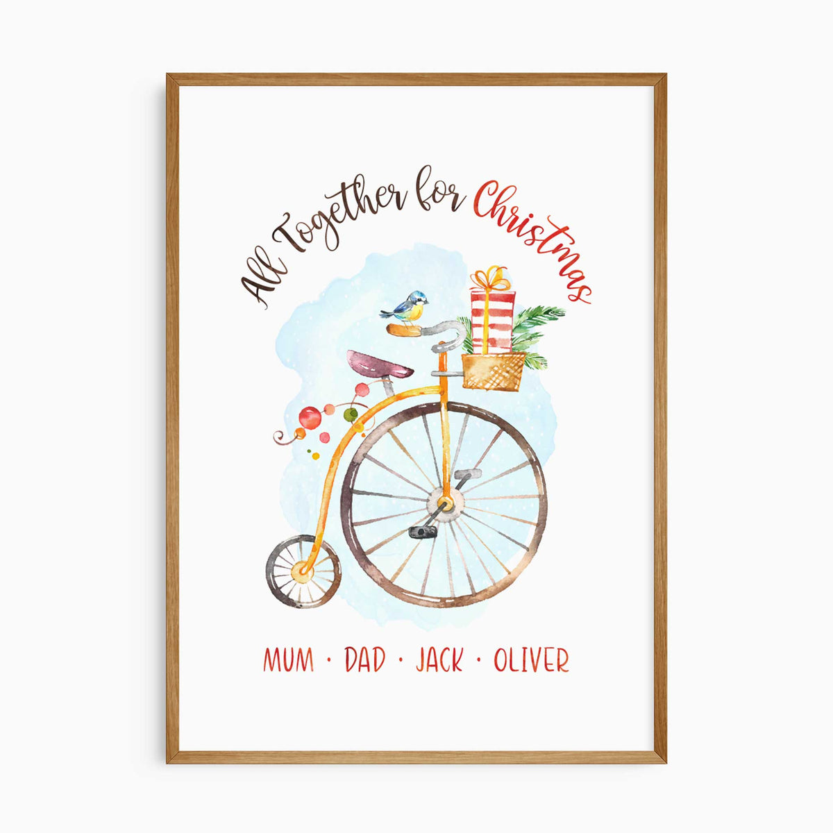 Personalised family Christmas print reading All Together for Christmas above a watercolour bicycle, with chosen names below