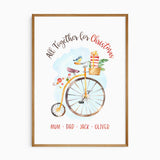 Personalised family Christmas print reading All Together for Christmas above a watercolour bicycle, with chosen names below