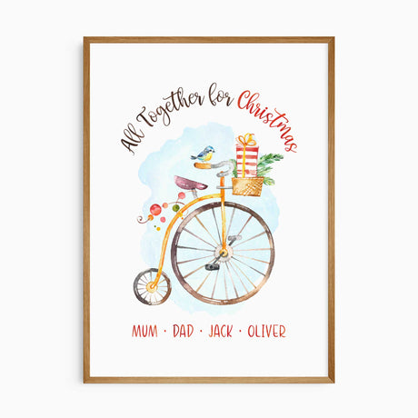Personalised family Christmas print reading All Together for Christmas above a watercolour bicycle, with chosen names below