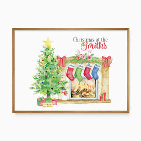 Watercolour family Christmas print with a decorated tree, fireplace, surname and four named stockings