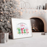Personalised family Christmas print with festive wellington boots and names illustration