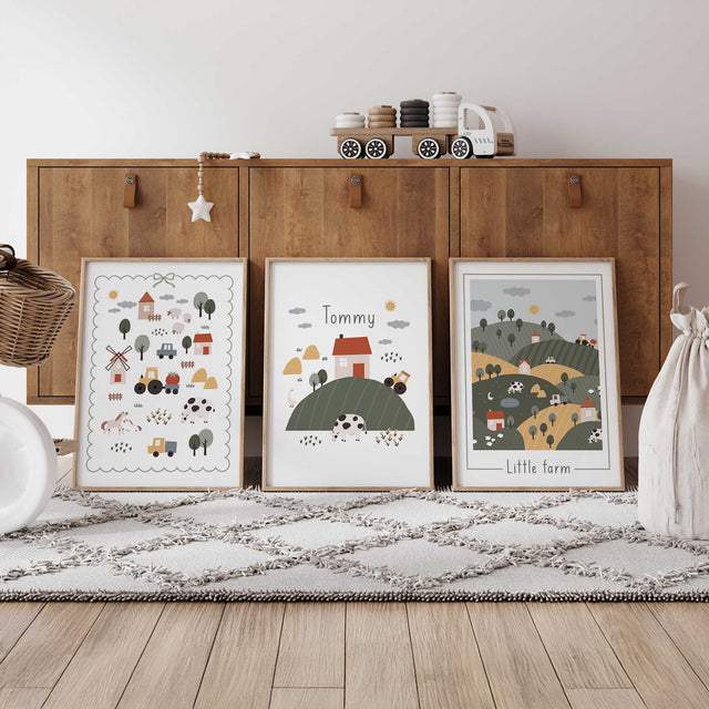 personalised farm nursery wall art set of 3 prints for baby boy nursery