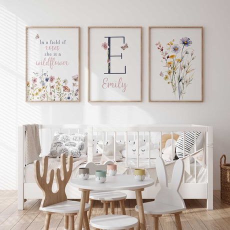 Custom initial and name wall art for girls with floral design