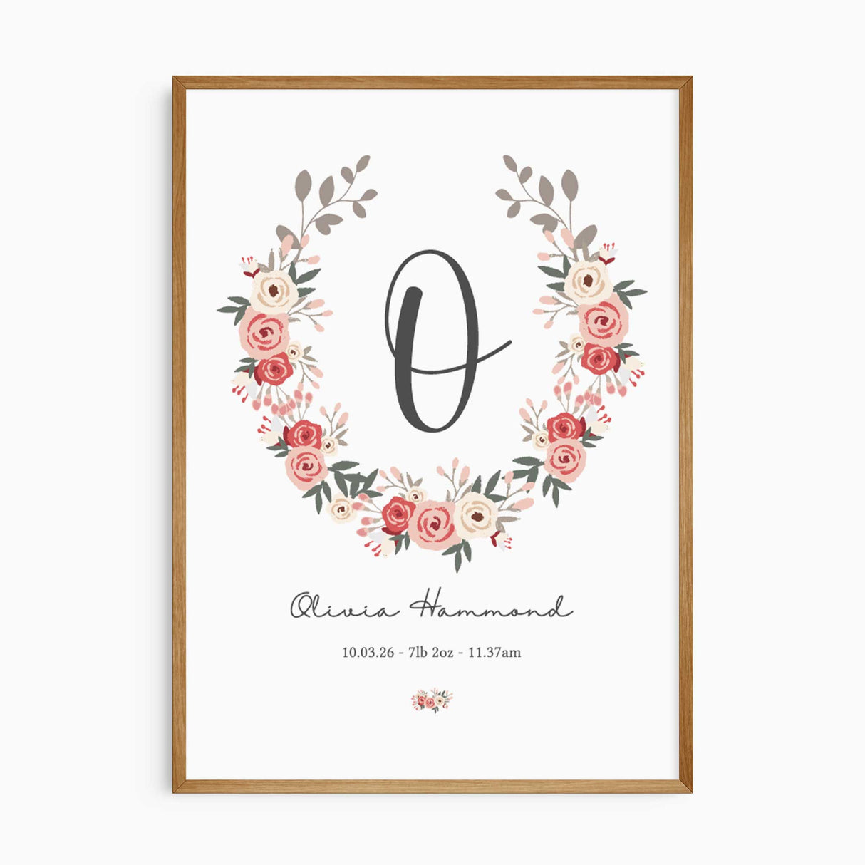 Personalised floral initial birth print for a baby girl nursery with custom name and birth details
