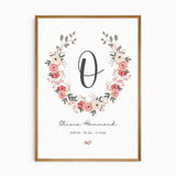 Personalised floral initial birth print for a baby girl nursery with custom name and birth details