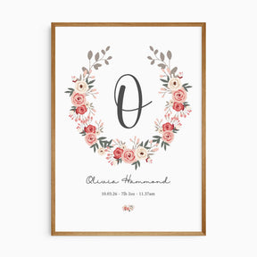 Personalised floral initial birth print for a baby girl nursery with custom name and birth details