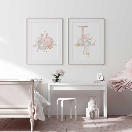 Personalised floral initial wall art set with soft pink and grey flowers and custom name print for girls bedroom or kids room decor