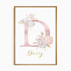 Personalised floral initial and name print with a blush flower letter initial and gold-style script for a girls bedroom.