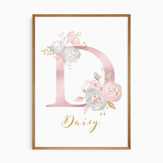 Personalised floral initial and name print with a blush flower letter initial and gold-style script for a girls bedroom.