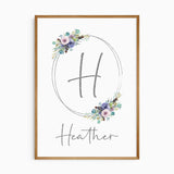 Personalised floral initial nursery print with soft pastel flowers for girls room decor.