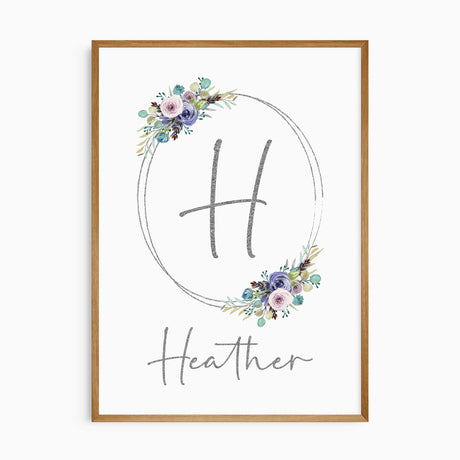Personalised floral initial nursery print with soft pastel flowers for girls room decor.