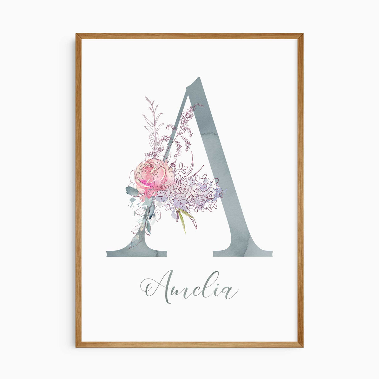 Personalised floral initial wall art print with pastel watercolour letter and botanical illustration for nursery décor.
