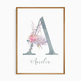 Personalised floral initial wall art print with pastel watercolour letter and botanical illustration for nursery décor.