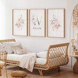 Personalised floral nursery wall art set of 3 with blush pink flowers and custom name print