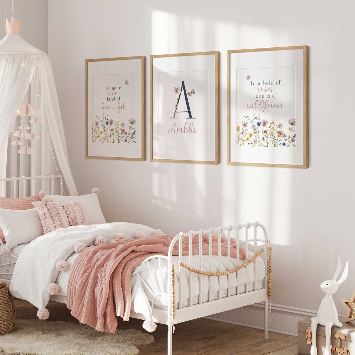 Personalised floral nursery wall art set of three for girls room decor