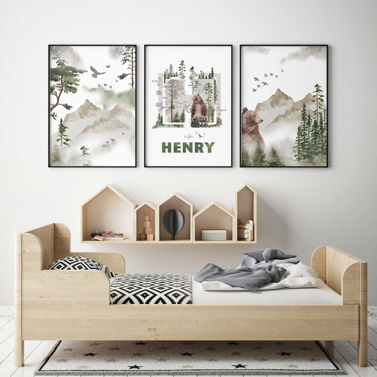 Woodland wall art set with a custom initial and name print between two bear and mountain designs