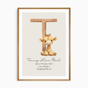 Personalised giraffe nursery print featuring custom baby name and birth stats in safari animal theme