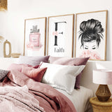 Personalised girls wall art set with pink perfume bottle, floral initial print and fashion portrait in soft blush tones