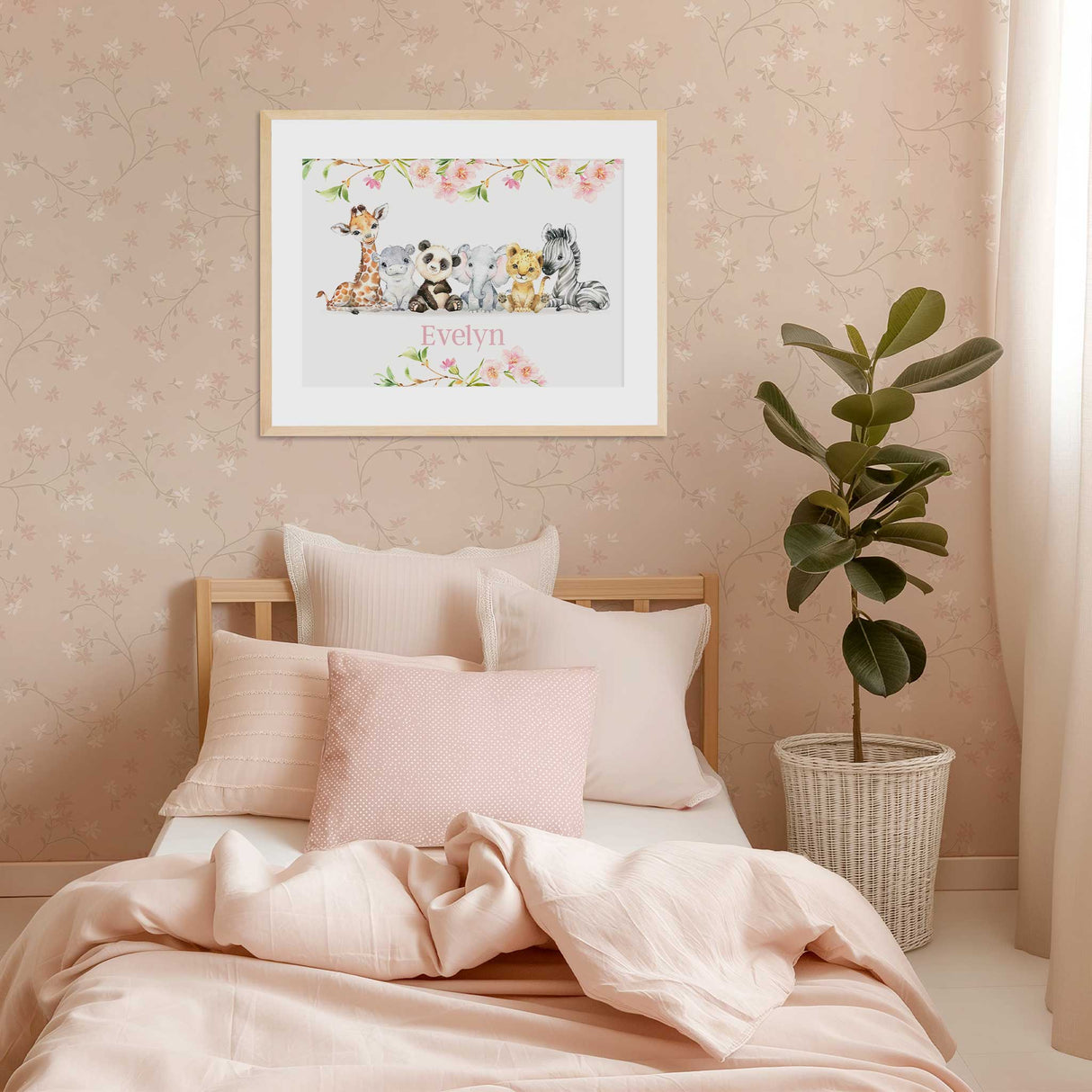 personalised girls name print with cute baby safari animals and soft florals ideal for nursery or girls bedroom wall decor