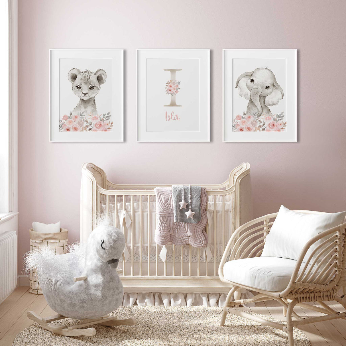 Personalised name wall art with floral initial for baby girl nursery