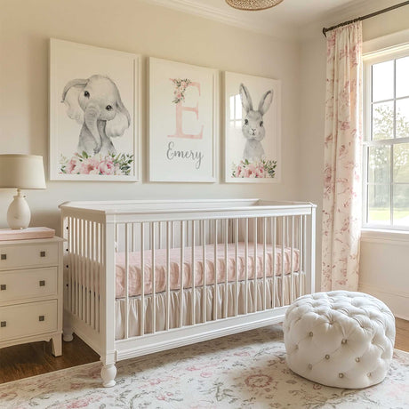 Personalised girls nursery wall art set with elephant and bunny prints, pink florals and a custom initial name print.