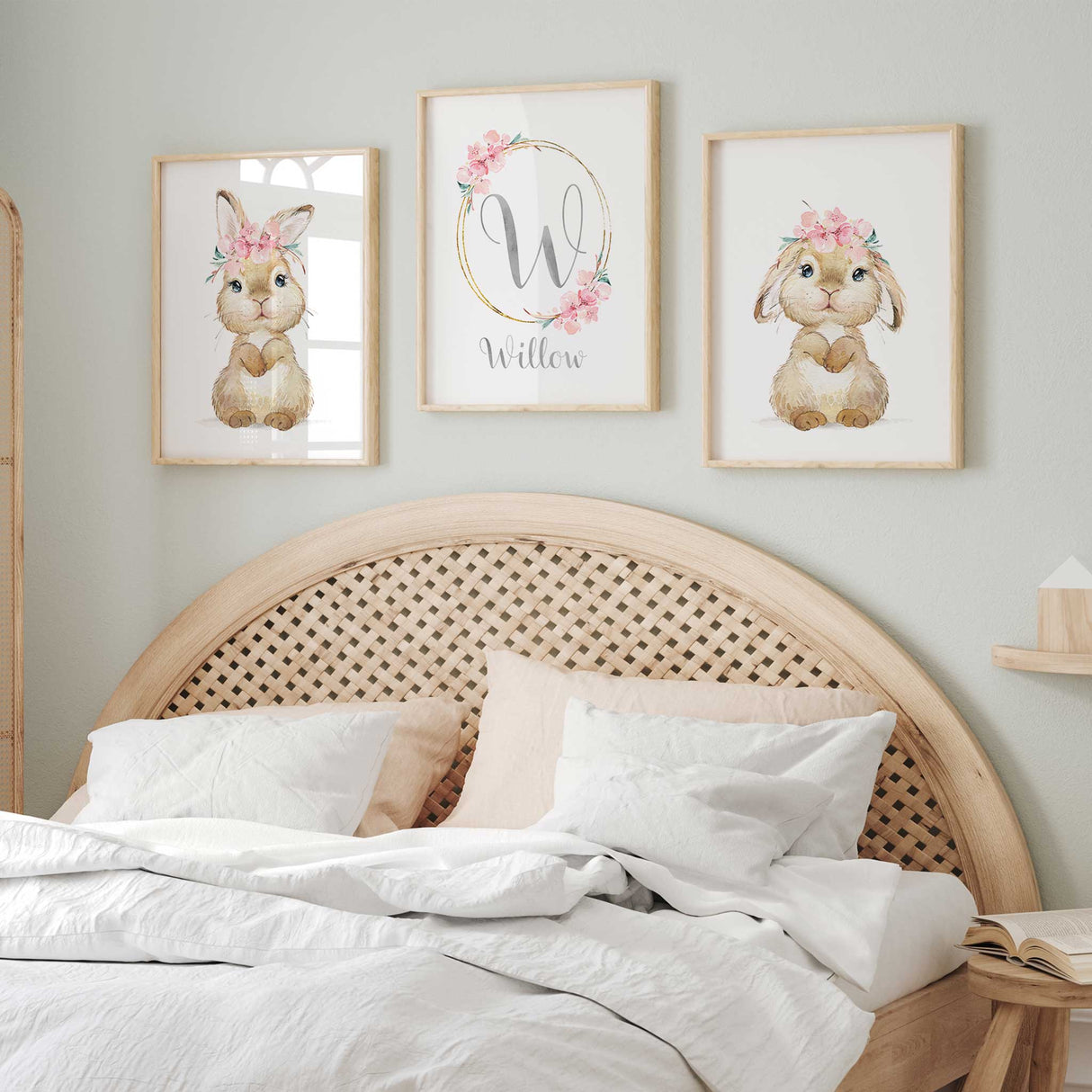 Personalised floral bunny art print set for girls nursery
