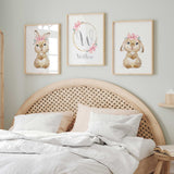 Personalised floral bunny art print set for girls nursery