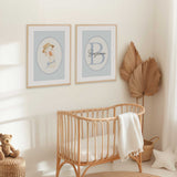 Personalised nursery initial print with blue letter and script name on gingham background