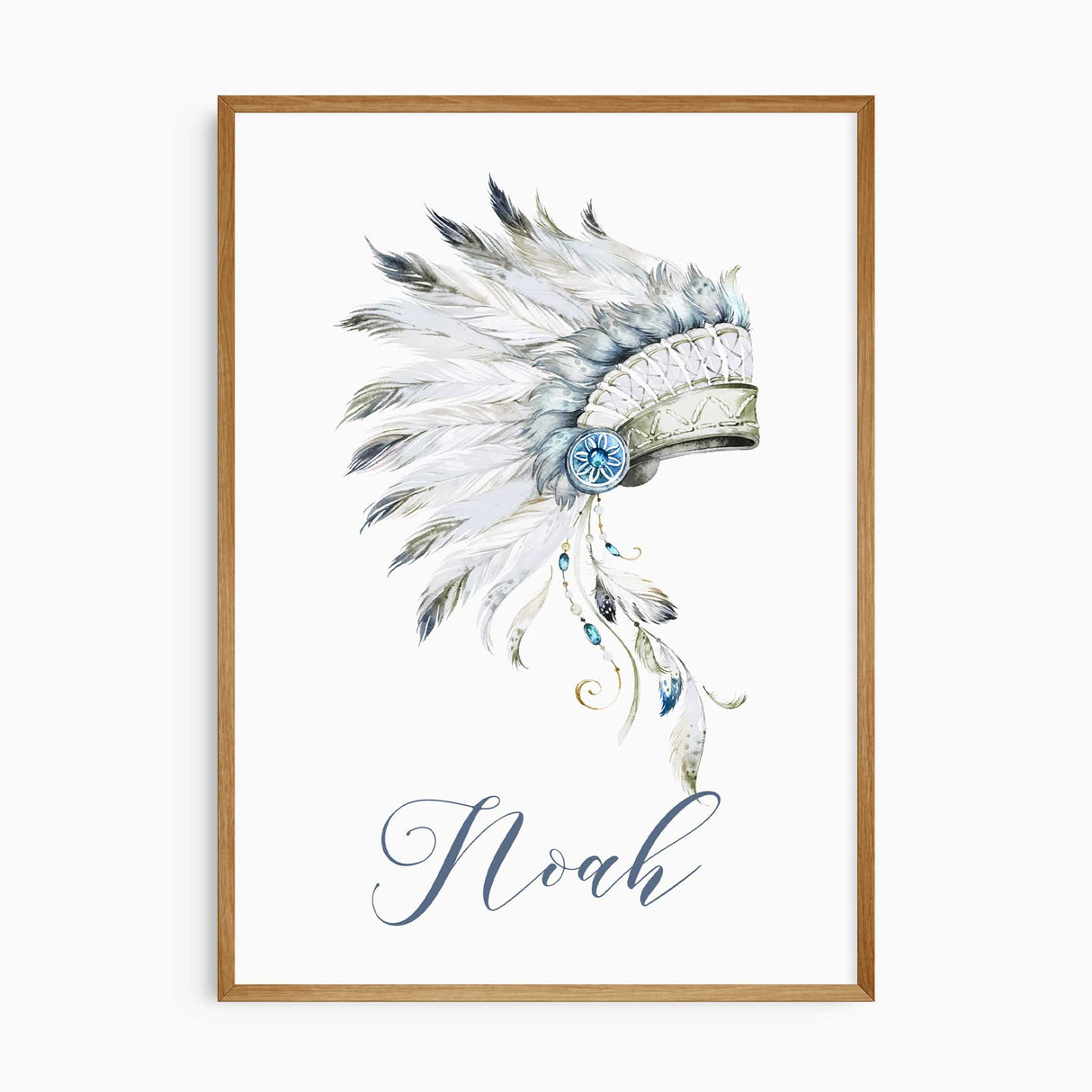 Personalised watercolour feather headdress nursery print with child’s name in soft blue script