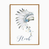 Personalised watercolour feather headdress nursery print with child’s name in soft blue script