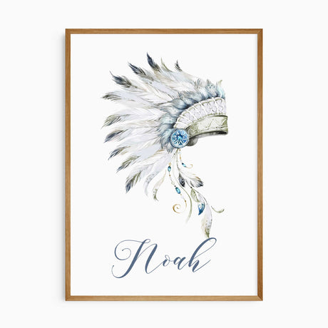 Personalised watercolour feather headdress nursery print with child’s name in soft blue script