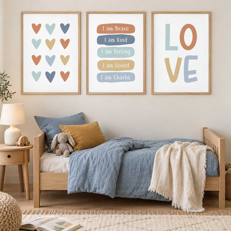 Set of three personalised kids prints featuring multicoloured hearts, positive I am affirmations and LOVE lettering.